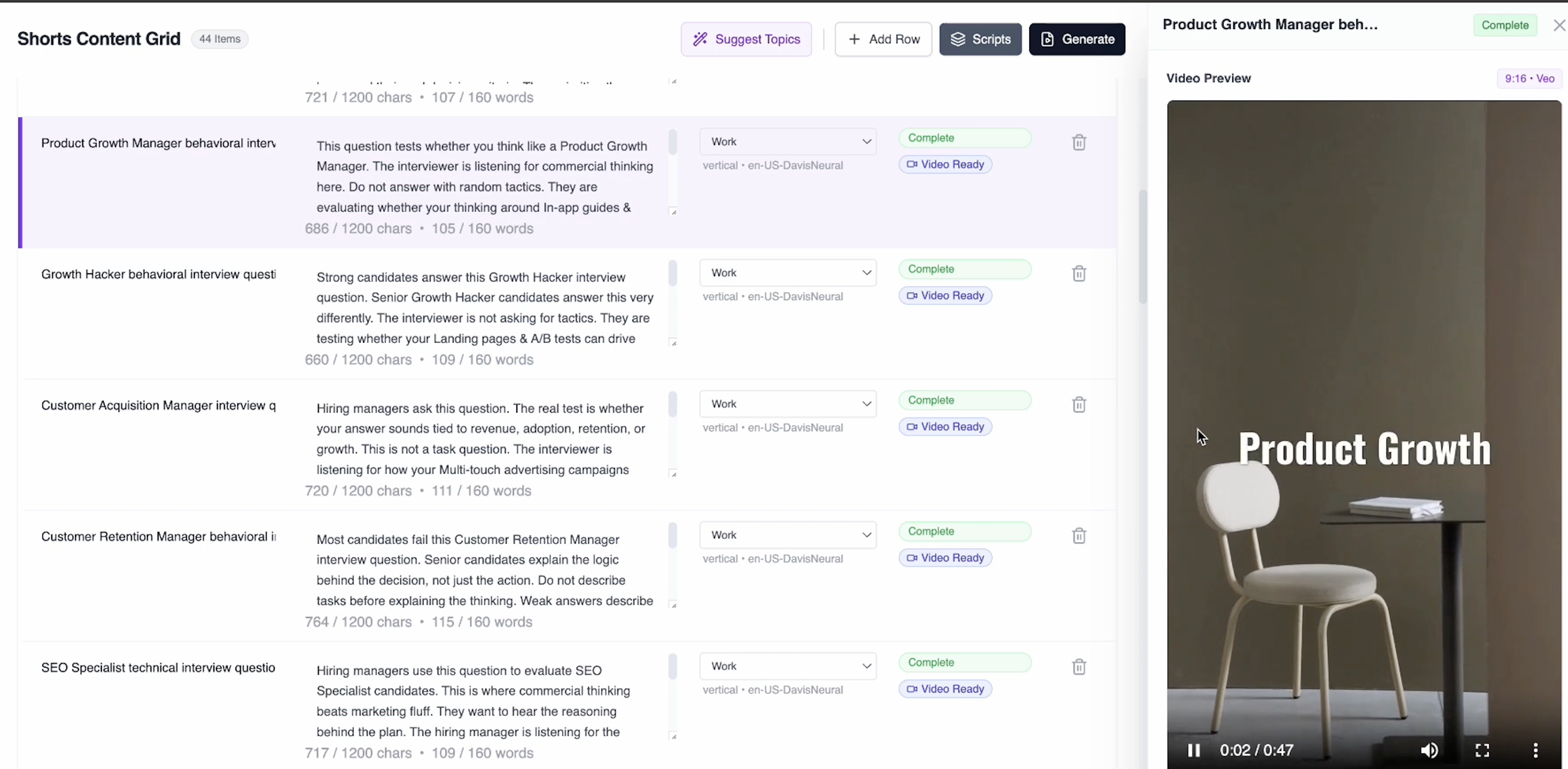 Earlier Inksprout batch-production interface showing a grid of scripts, row statuses, generation controls, and a finished vertical video preview