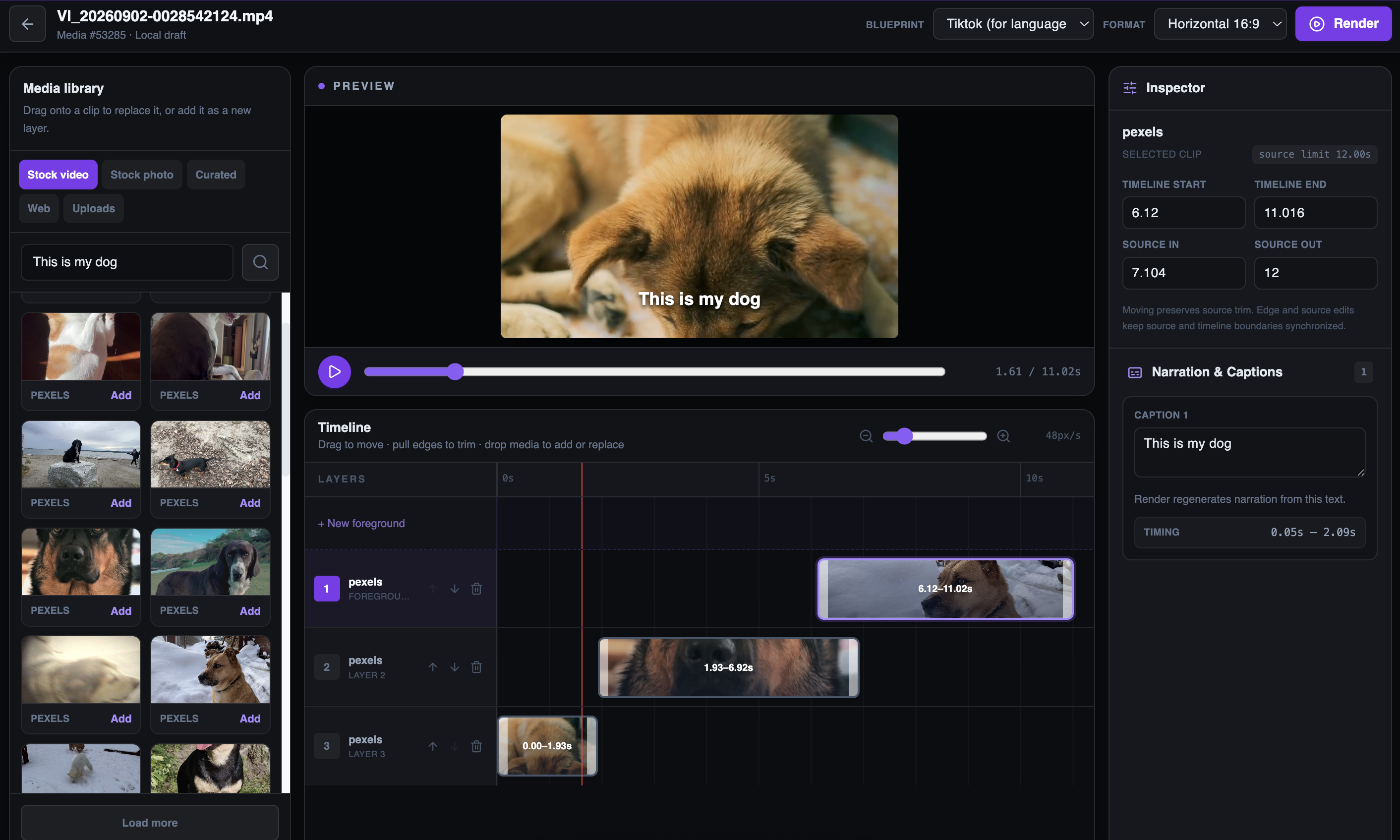 Current Inksprout editor showing stock media search, video preview, a multi-layer timeline, narration and caption editing, aspect ratio selection, and rendering